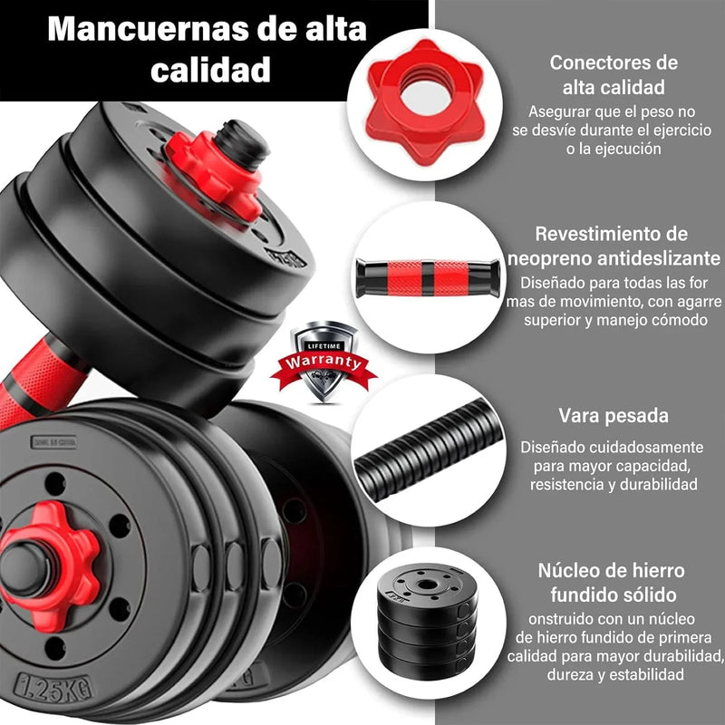 Kit pesas PRO 40 lbs (20kg) Multifuncional + barra larga 1,40 M